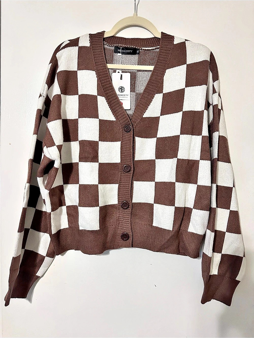 MERO KEETY Checkered V-Neck Cardigan in Brown & White XL NWT